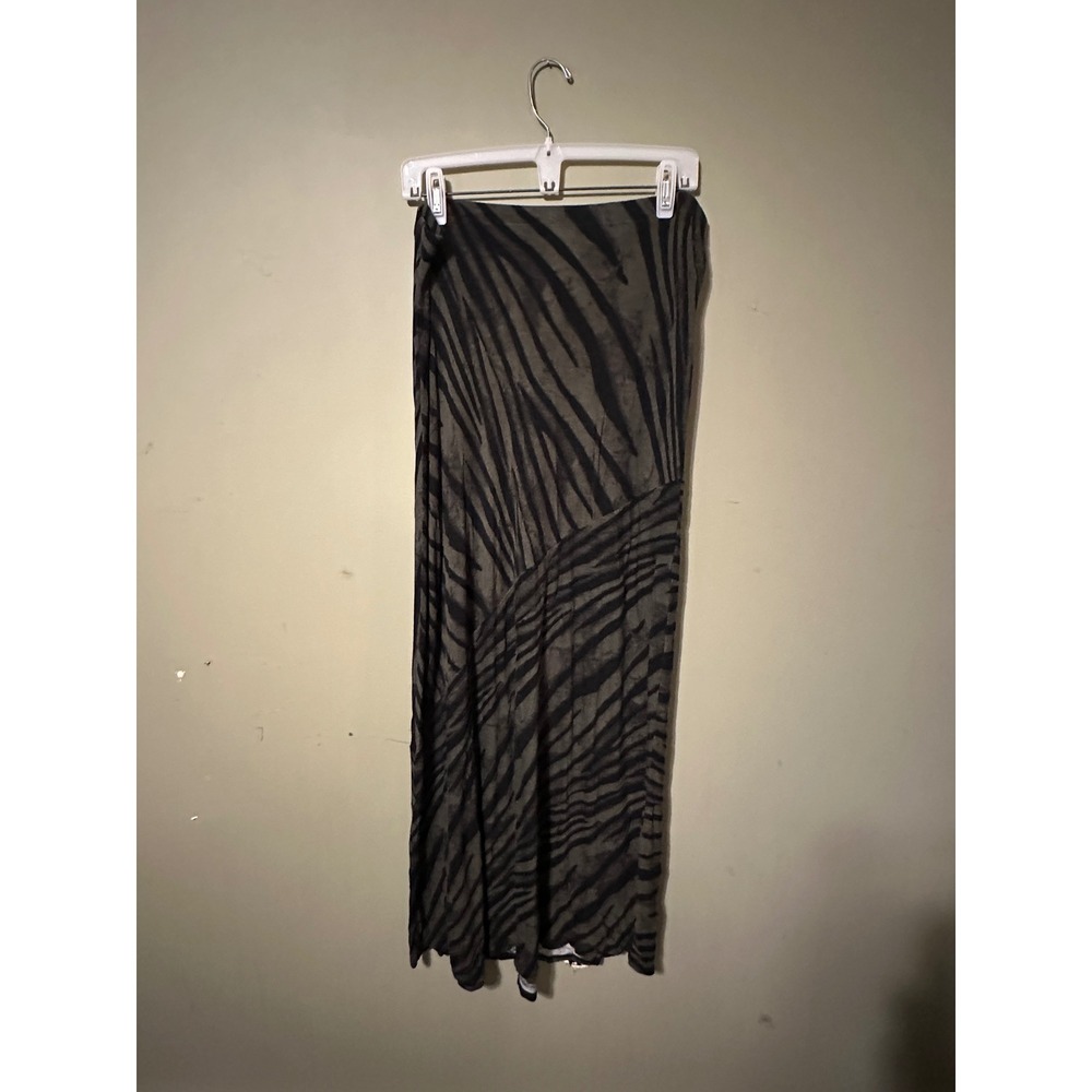 Matty M Women Olive Green Black Zebra Print Maxi Skirt XL Elastic Waist Viscose